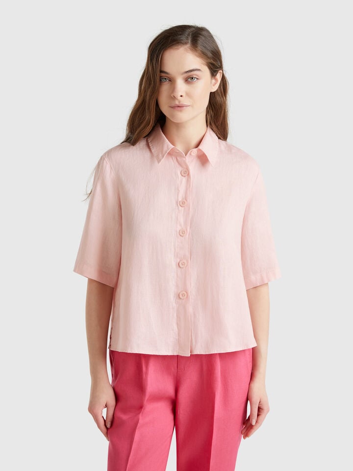 benetton Short shirt in pure linen Soft Pink