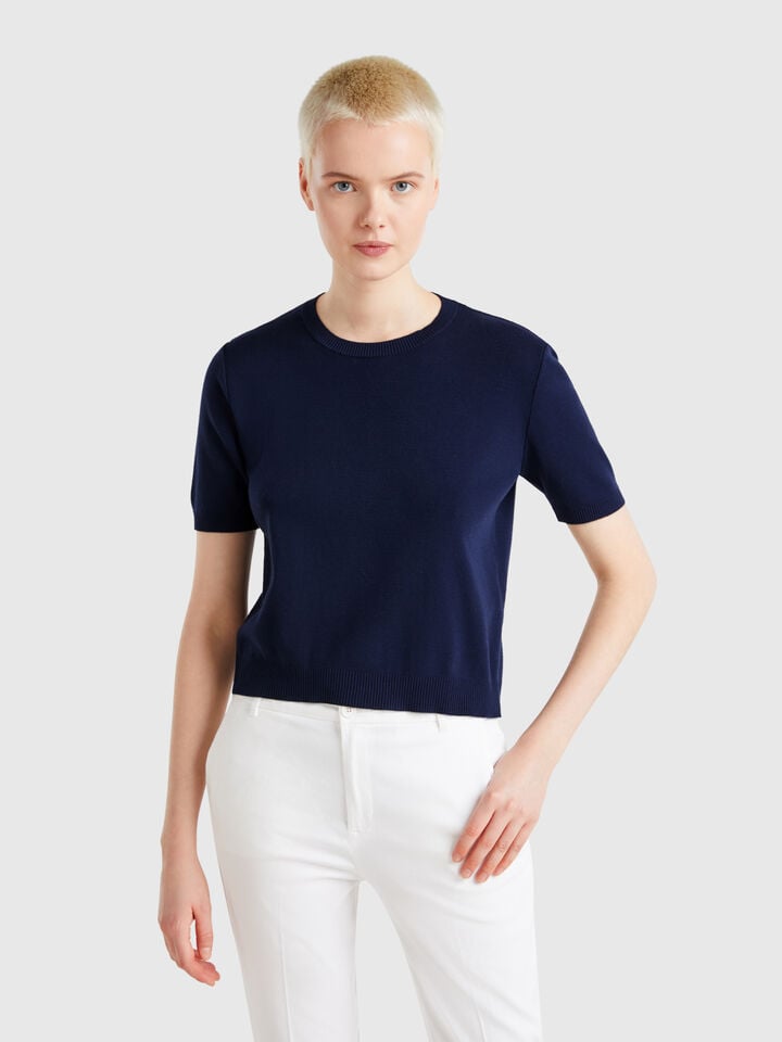 benetton Short sleeve 100% cotton sweater Dark Blue