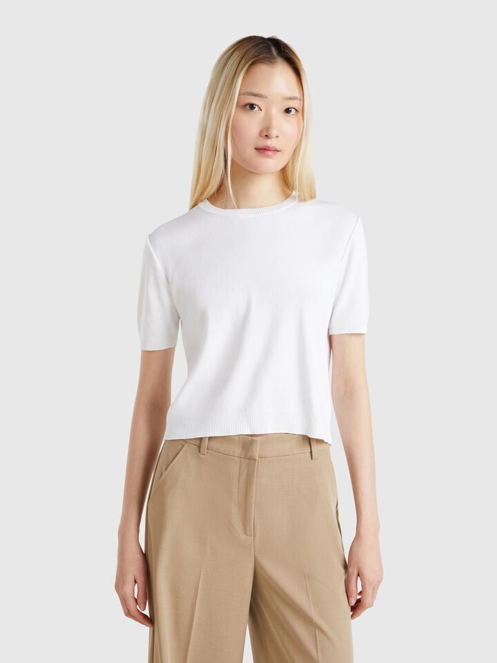 benetton Short sleeve 100% cotton sweater White