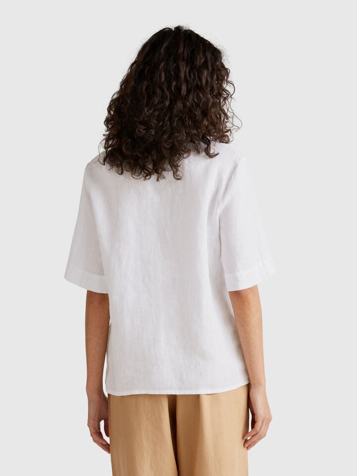 Benetton Short Sleeve Blouse In Pure Linen White