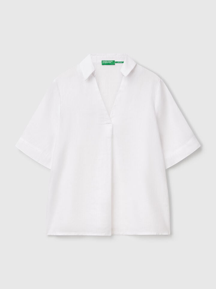 Benetton Short Sleeve Blouse In Pure Linen White