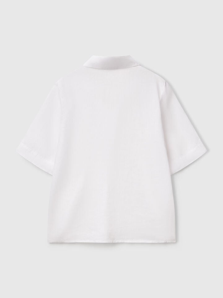 Benetton Short Sleeve Blouse In Pure Linen White