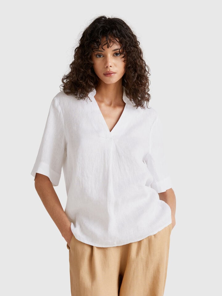 benetton Short sleeve blouse in pure linen White
