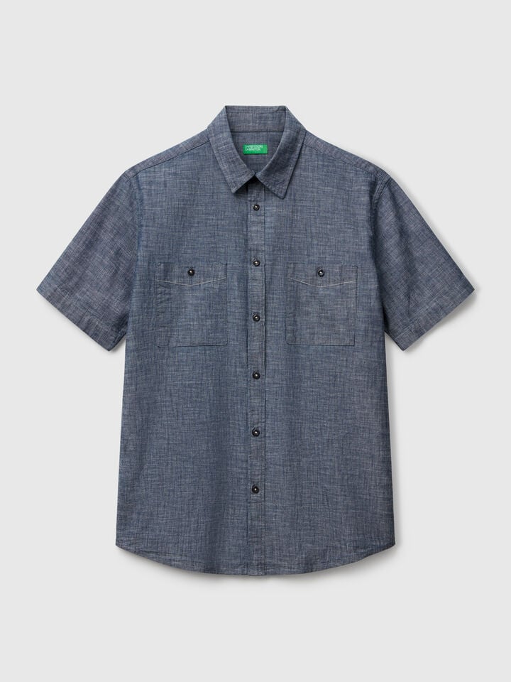 Benetton Short Sleeve Chambray Shirt Blue