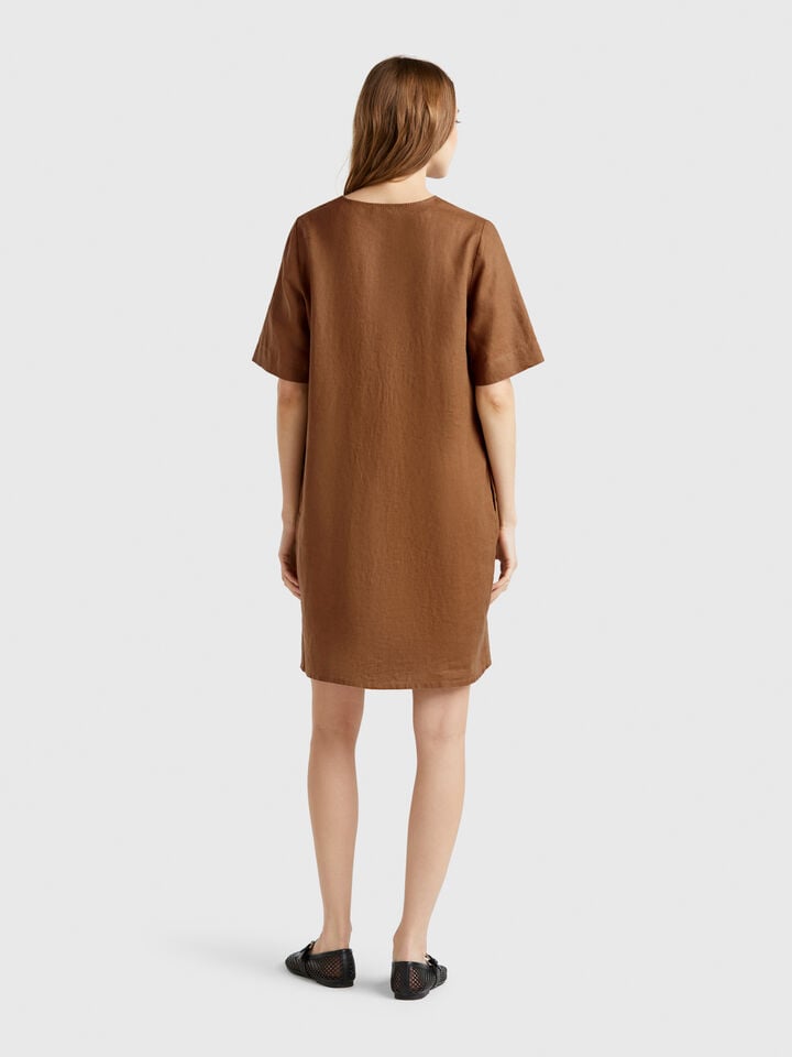 Benetton Short Sleeve Dress In Pure Linen Brown