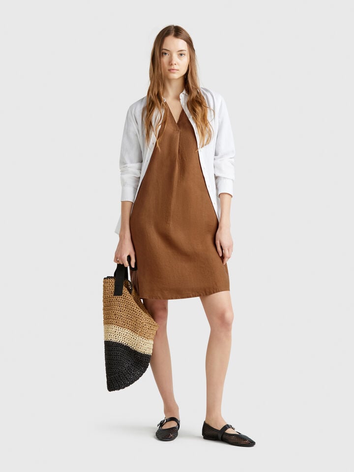 Benetton Short Sleeve Dress In Pure Linen Brown