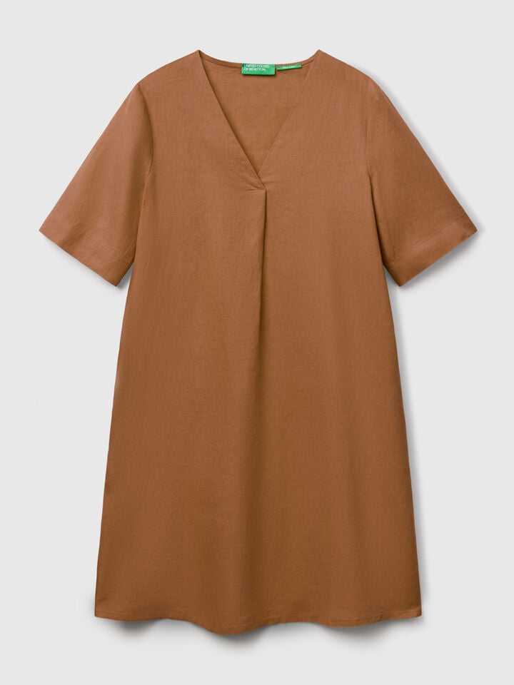 Benetton Short Sleeve Dress In Pure Linen Brown