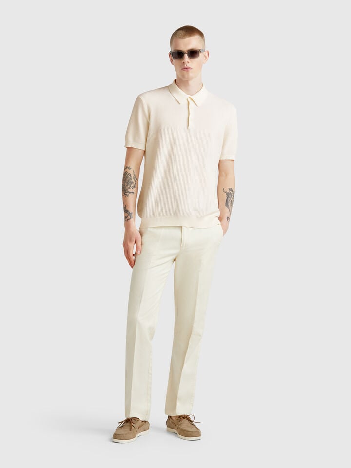 Benetton Short Sleeve Knit Polo Creamy White