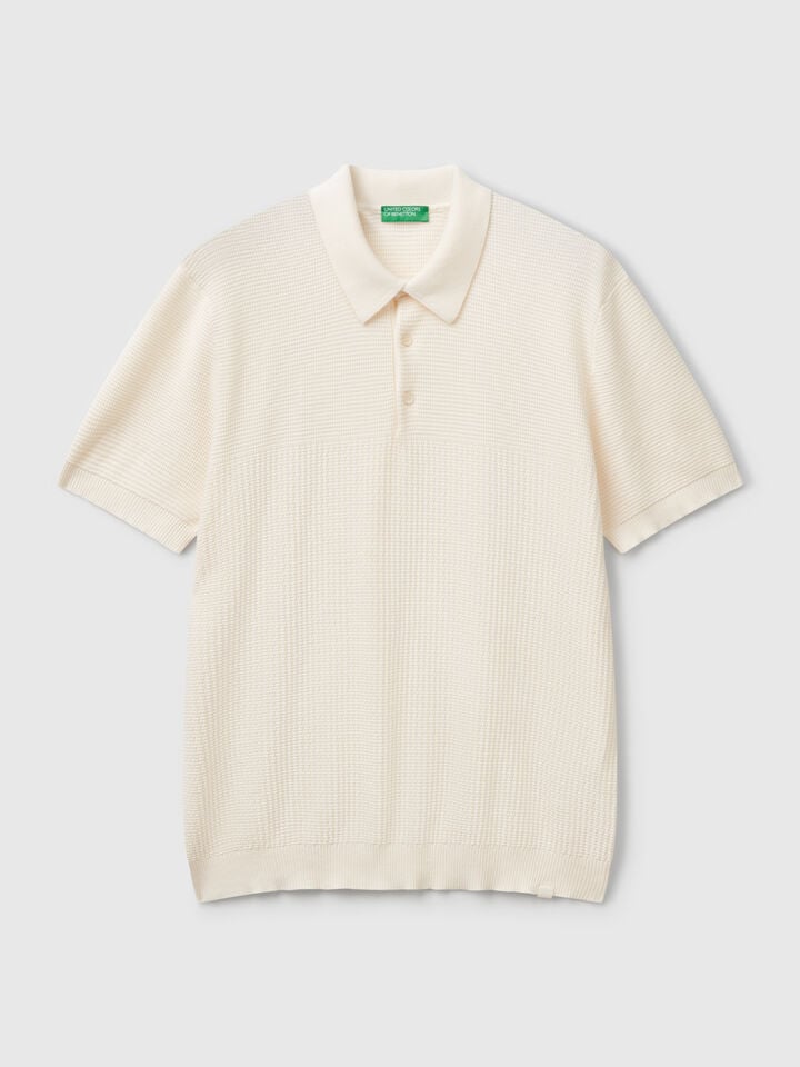 Benetton Short Sleeve Knit Polo Creamy White