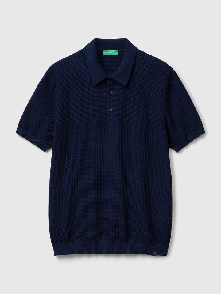 Benetton Short Sleeve Knit Polo Dark Blue