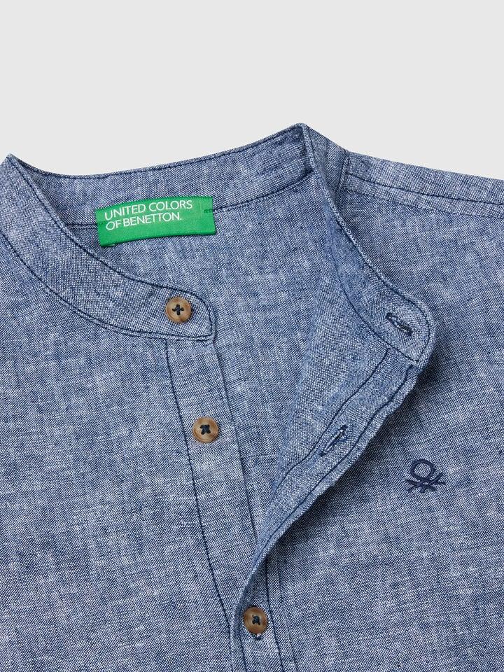 Benetton Short Sleeve Mandarin Collar Shirt Blue