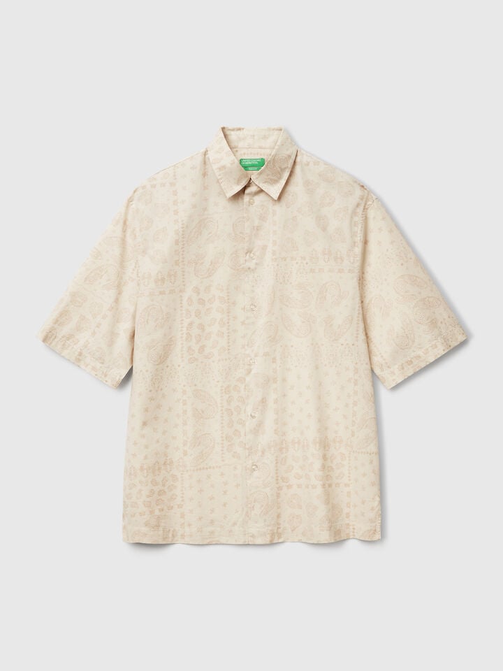 Benetton Short Sleeve Patterned Shirt Beige