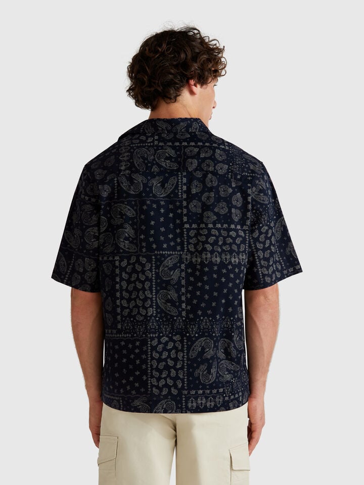 Benetton Short Sleeve Patterned Shirt Dark Blue
