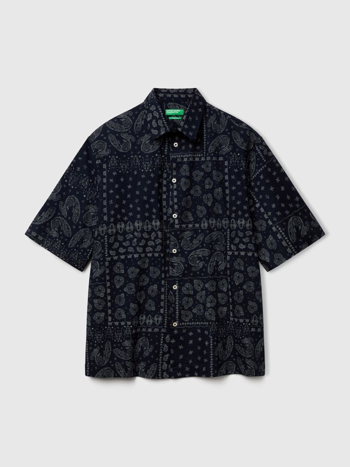Benetton Short Sleeve Patterned Shirt Dark Blue