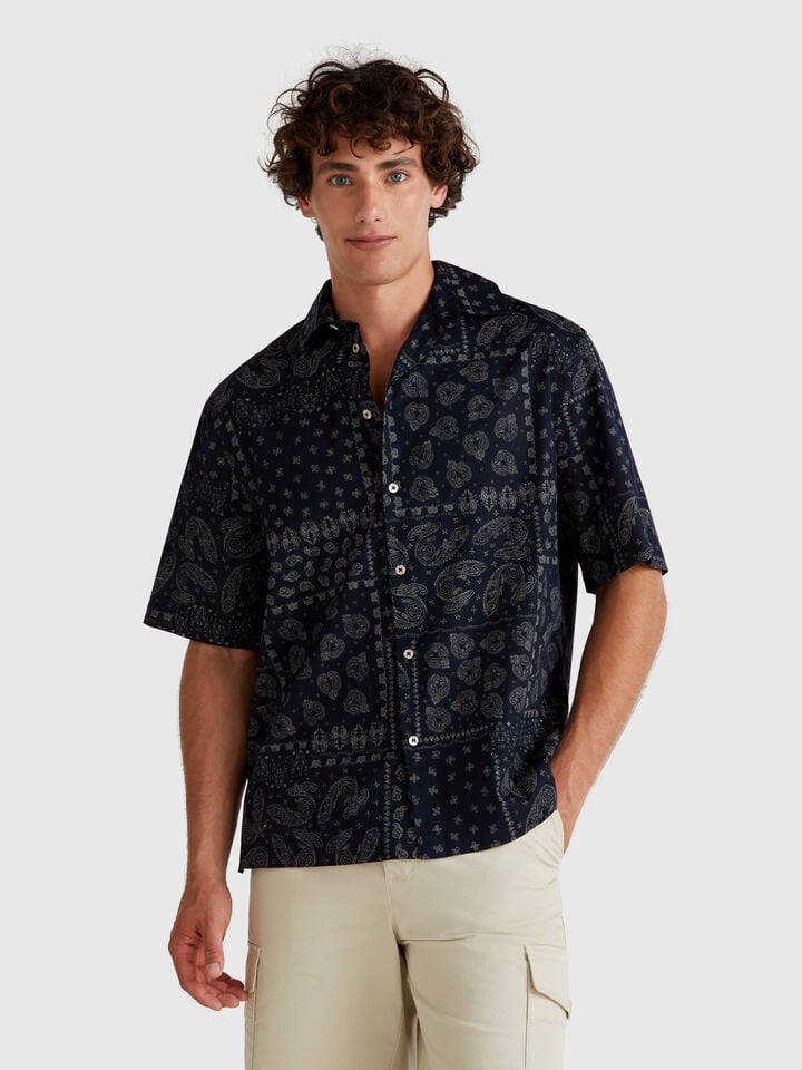 benetton Short sleeve patterned shirt Dark Blue