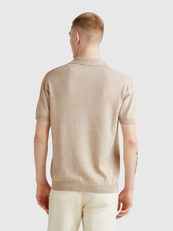 Benetton Short Sleeve Polo In Cotton Blend Beige
