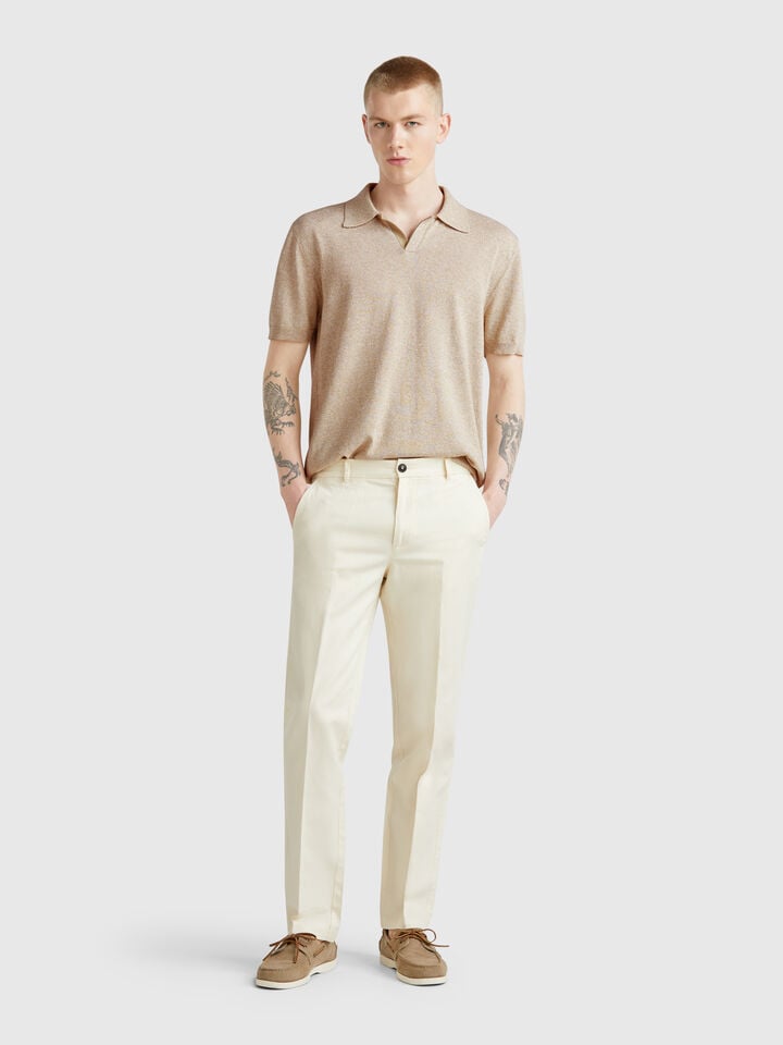 Benetton Short Sleeve Polo In Cotton Blend Beige