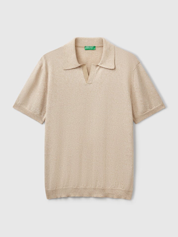 Benetton Short Sleeve Polo In Cotton Blend Beige