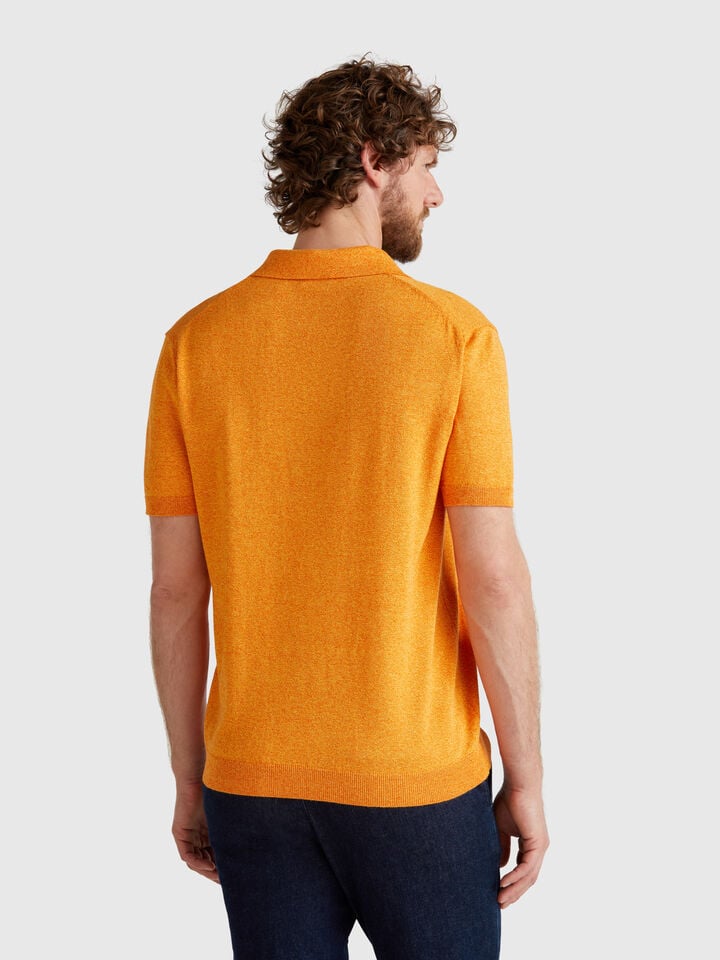 Benetton Short Sleeve Polo In Cotton Blend Orange