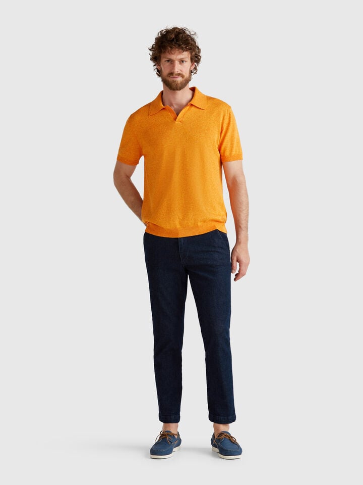 Benetton Short Sleeve Polo In Cotton Blend Orange