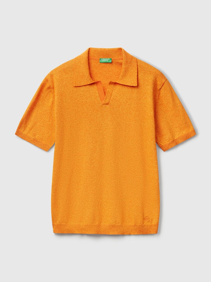 Benetton Short Sleeve Polo In Cotton Blend Orange