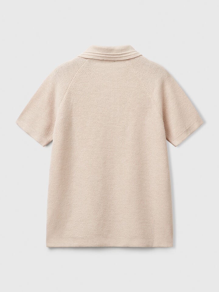 Benetton Short Sleeve Polo In Linen Blend Beige