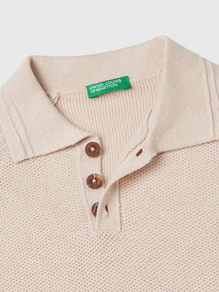 Benetton Short Sleeve Polo In Linen Blend Beige