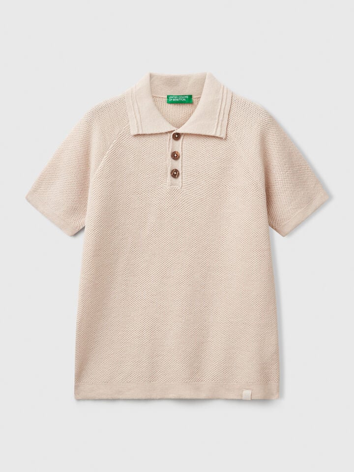 benetton Short sleeve polo in linen blend Beige