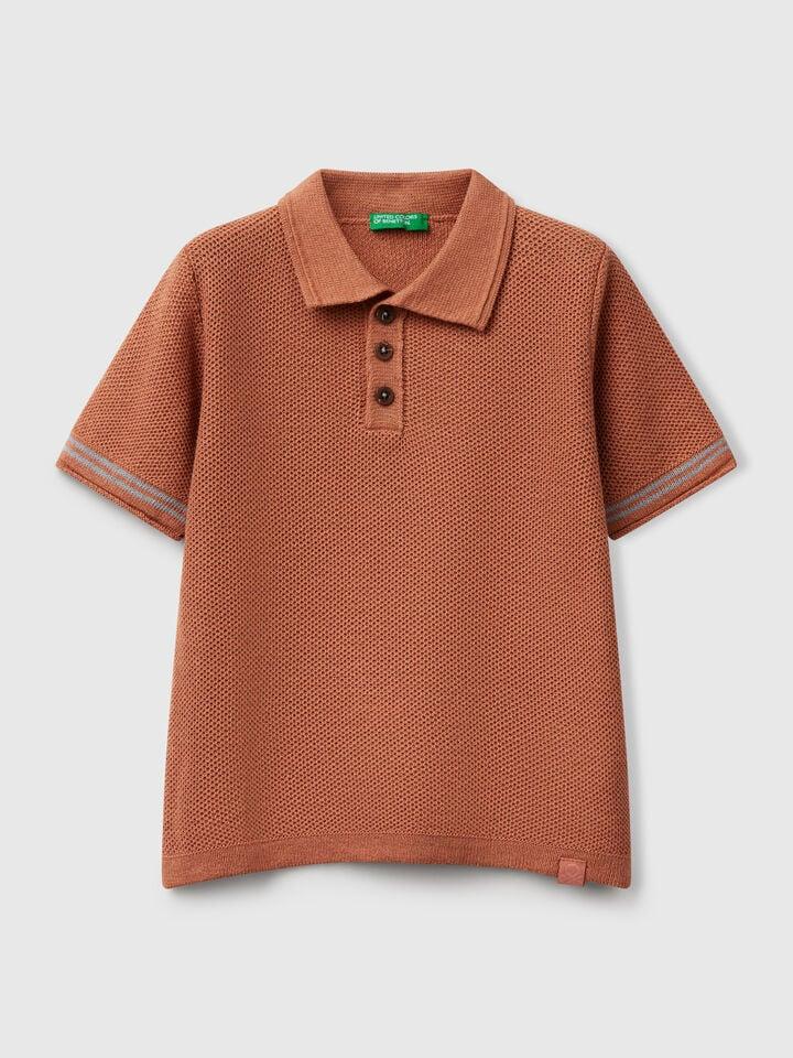 Benetton Short Sleeve Polo In Linen Blend Camel