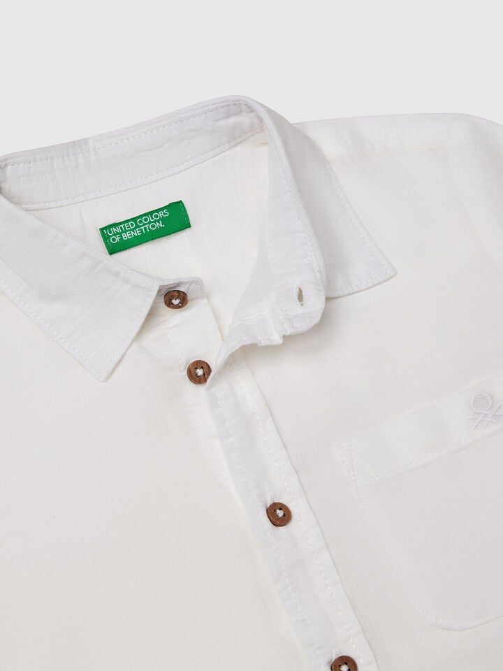 Benetton Short Sleeve Shirt In Linen Blend White
