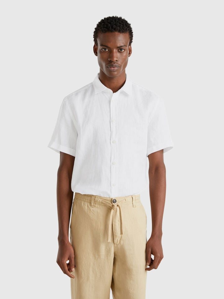 Benetton Short Sleeve Shirt In Pure Linen White