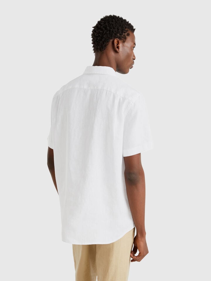 Benetton Short Sleeve Shirt In Pure Linen White