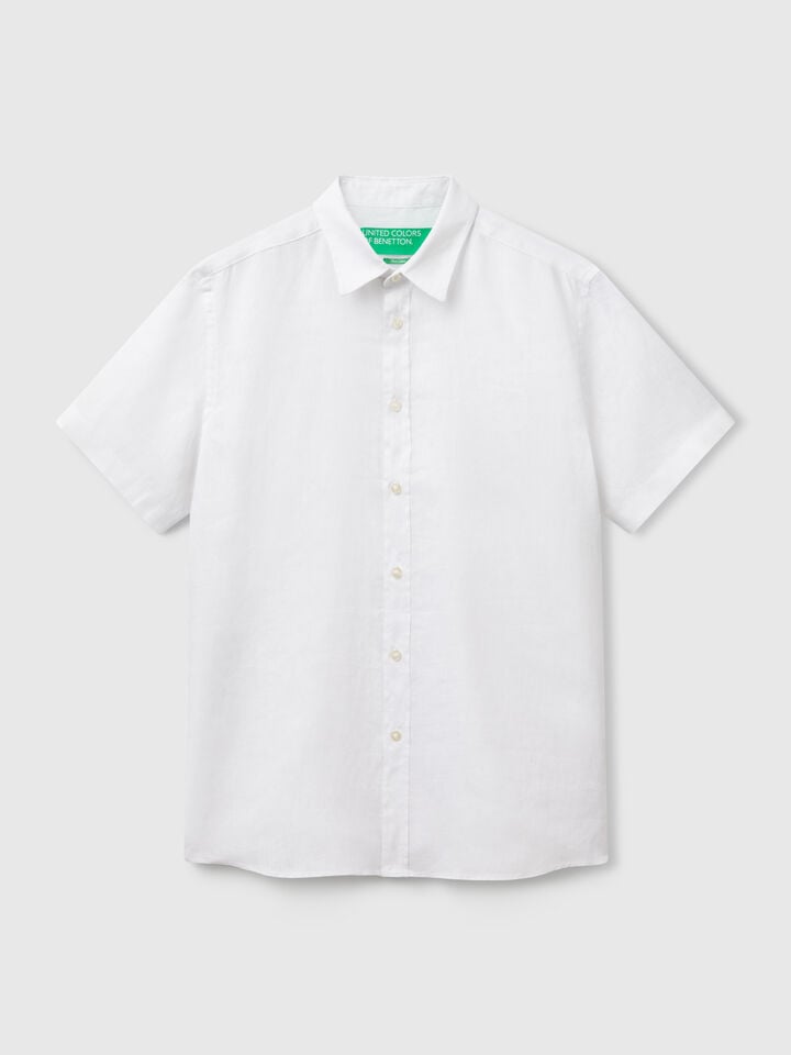 Benetton Short Sleeve Shirt In Pure Linen White