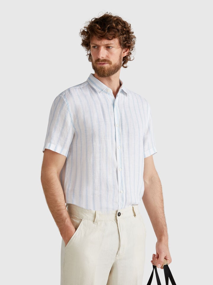 Benetton Short Sleeve Shirt In Pure Linen White
