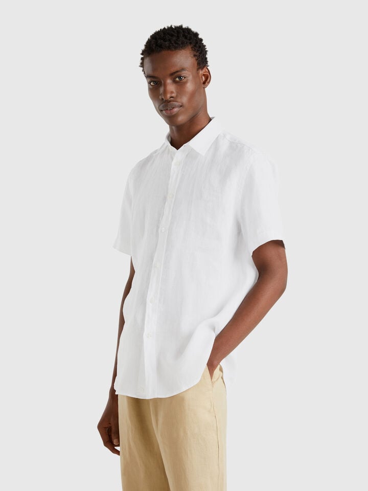 benetton Short sleeve shirt in pure linen White