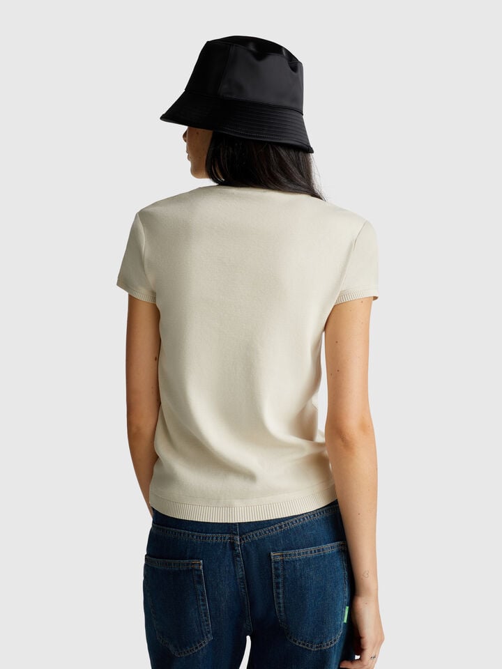 Benetton Short Sleeve Sweater In Pure Cotton Beige