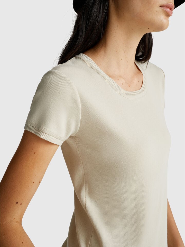 Benetton Short Sleeve Sweater In Pure Cotton Beige