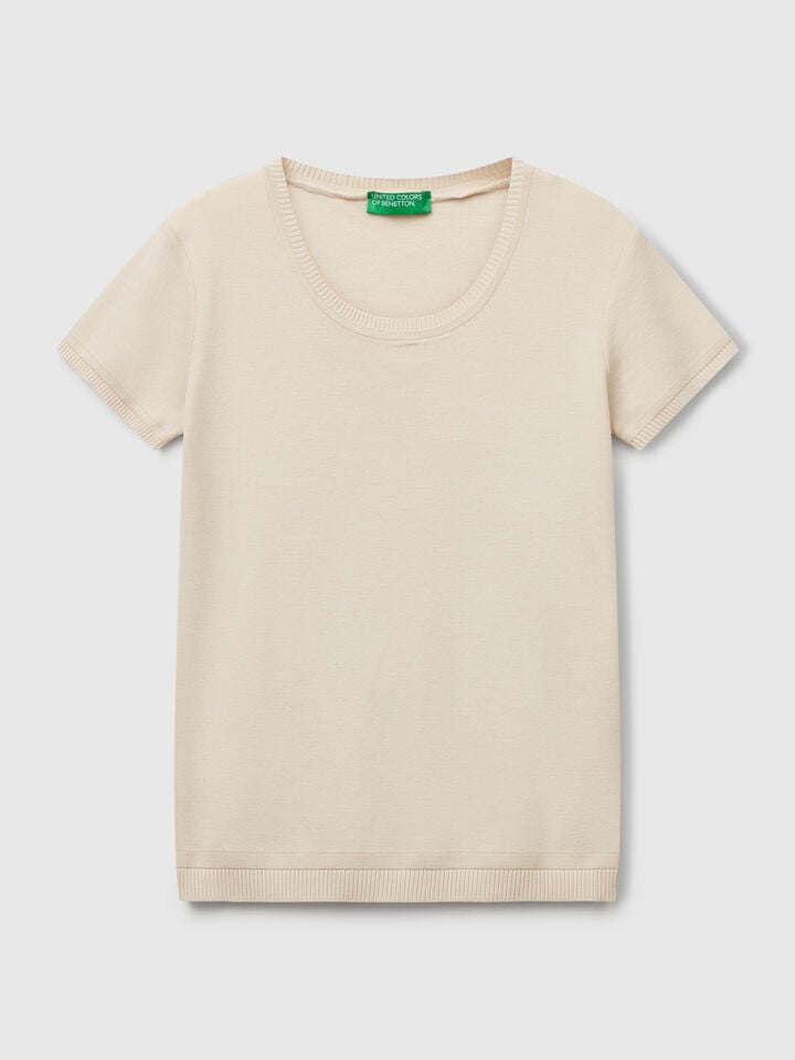 Benetton Short Sleeve Sweater In Pure Cotton Beige