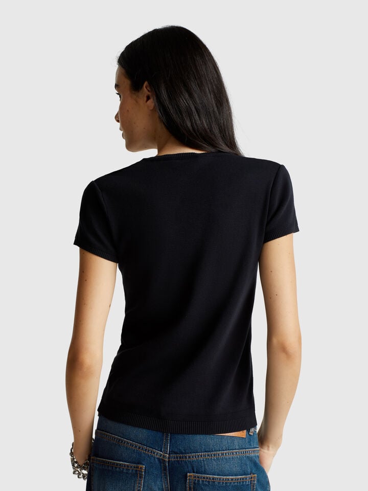 Benetton Short Sleeve Sweater In Pure Cotton Black