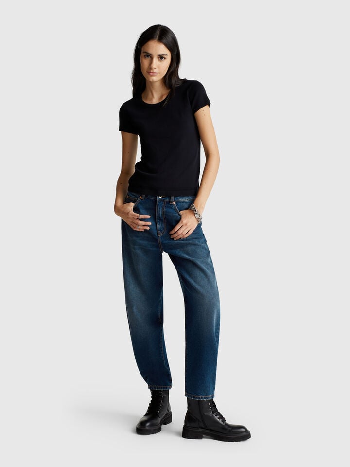 Benetton Short Sleeve Sweater In Pure Cotton Black