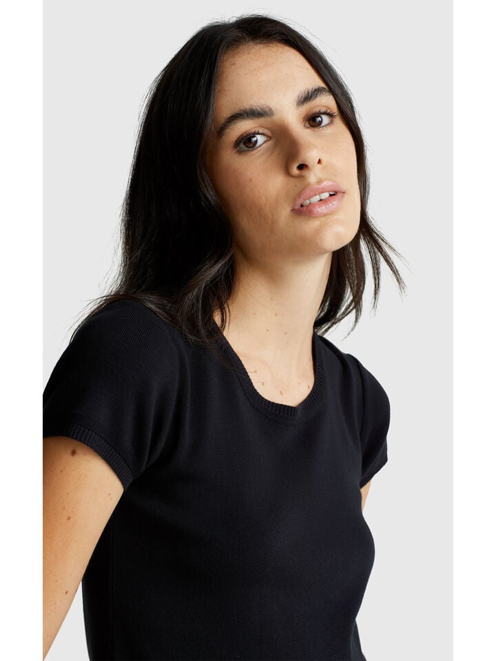 Benetton Short Sleeve Sweater In Pure Cotton Black