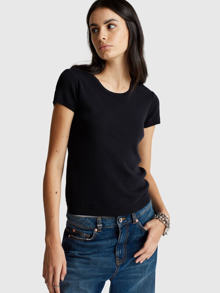 benetton Short sleeve sweater in pure cotton Black