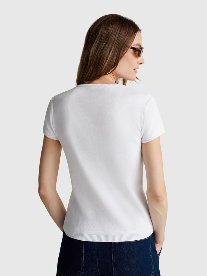 Benetton Short Sleeve Sweater In Pure Cotton White