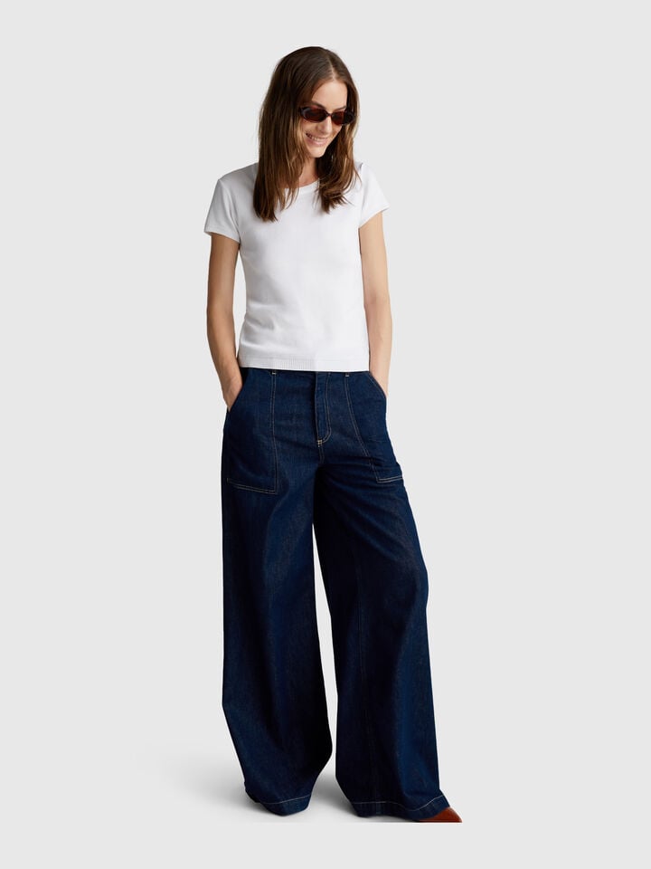 Benetton Short Sleeve Sweater In Pure Cotton White