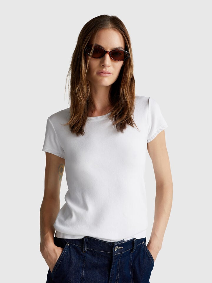 benetton Short sleeve sweater in pure cotton White