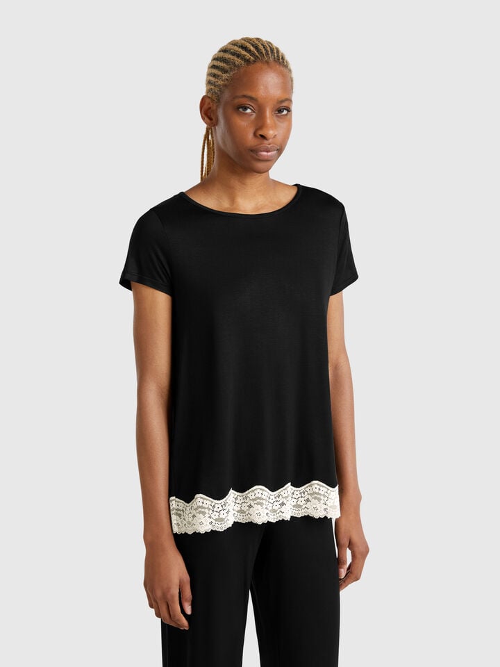 benetton Short sleeve top with lace details Black