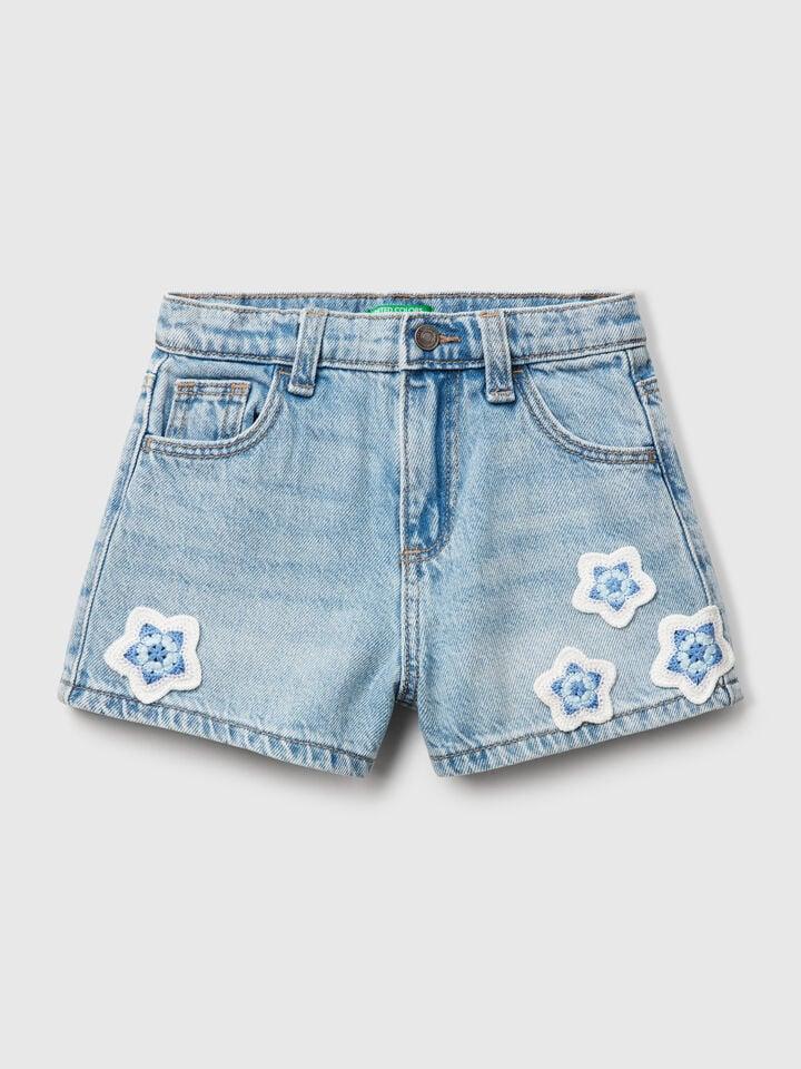 benetton Shorts with macramé flowers Light Blue