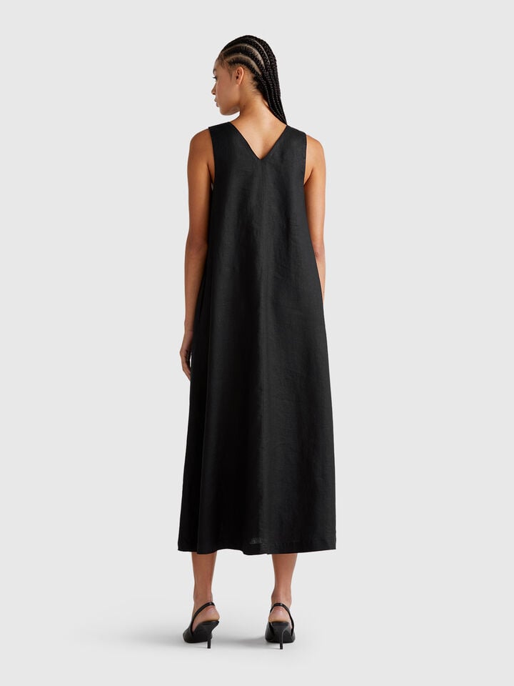 Benetton Sleeveless Dress In Pure Linen Black