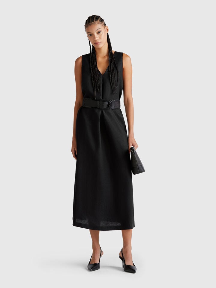 Benetton Sleeveless Dress In Pure Linen Black