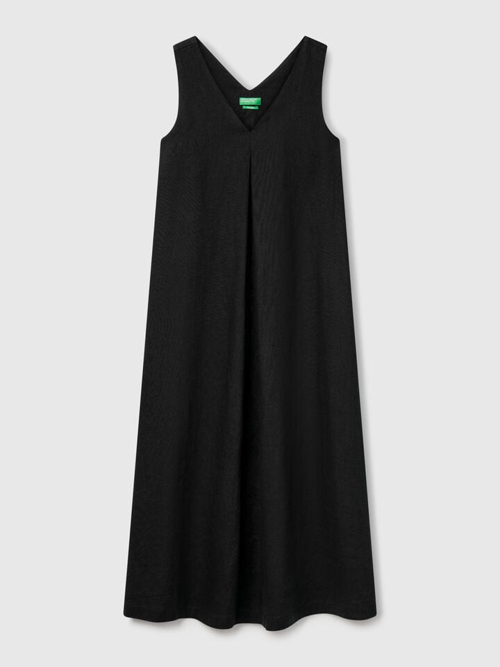 Benetton Sleeveless Dress In Pure Linen Black